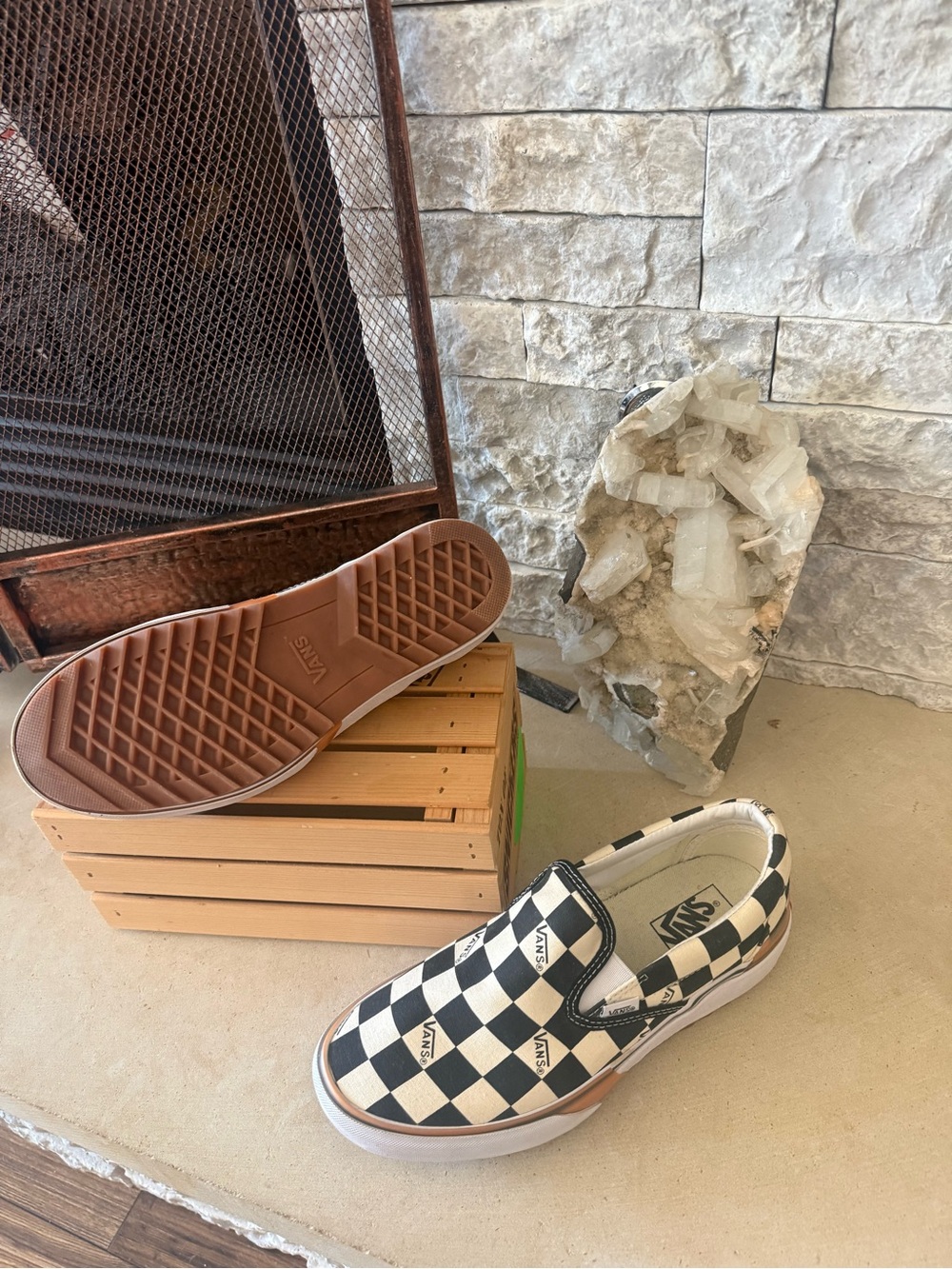 Vans Stacked Checkerboard Slip-On Sneakers - Black & White with Tan Accents - Picture 2 of 5